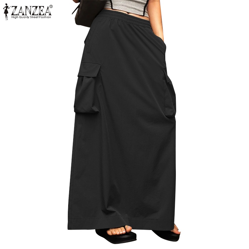 Zanzea ผู้หญิง วินเทจ มีสไตล์ กลาง ยกระดับ ยางยืด คาดเอว ปลั๊ก กระเป๋า หลวม พอดี กระโปรงเกิน