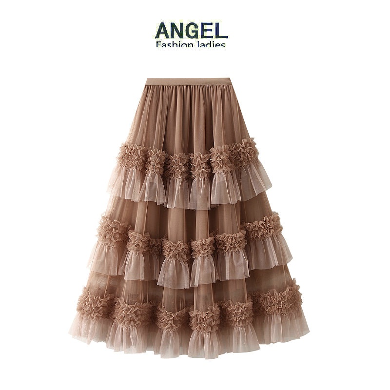 [3 สี] ANGEL แฟชั่นผู้หญิง กระโปรงมิดี้ ตาข่าย สีตรงกัน เกาหลี ยืดหยุ่น เอวสูง ทรงเอ สีดํา บาง ขนาดใหญ่ กระโปรงทูตู กระโปรงยาว สําหรับผู้หญิง