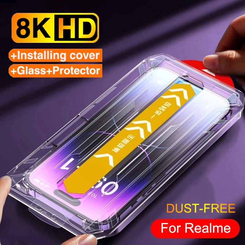 สําหรับ Realme C85 C75 C75X C73 C71 C67 C65 C63 C61 C55 C51 C53 5 5i 6 6i 7 8 9 10 11 12 13 14 Pro 15T 14T 14X 12X 11X 7i 8i 9i C3 C11 C12 C15 C20 C21 C21Y C25S C30 C31 C33 C35 Note 50 60 60X 70 70T ฝุ่นฟรีคลิกเดียวติดตั้งคลุมทั้งหมดกระจกนิรภัยป้องกันหน้า