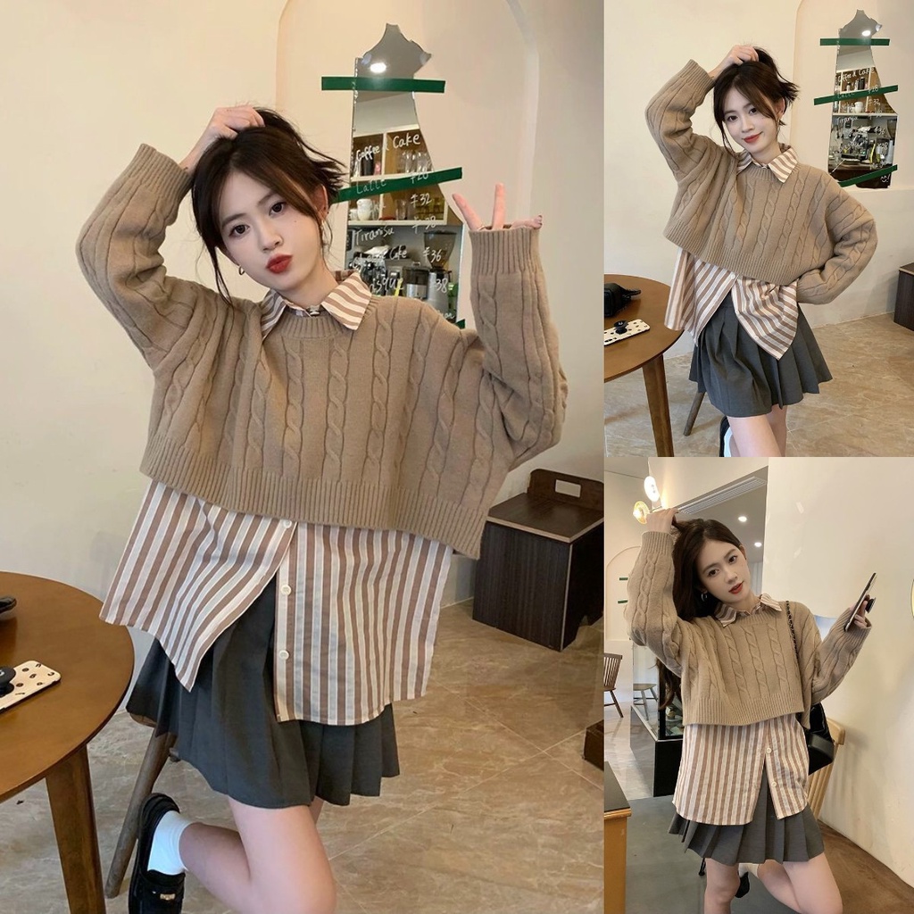 เสื้อกันหนาว ตัวสั้น ลายทาง และกระโปรงพลีท ทรงหลวม แฟชั่นสําหรับผู้หญิง สามชิ้น