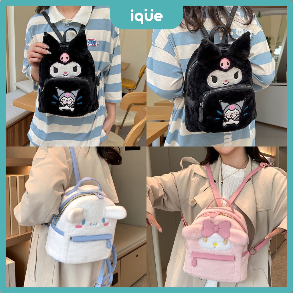 IQUE Premium Fur Backpack Sanrio Ribbon Melody Cinmonroll Kurumi Womens School Bag Backpack