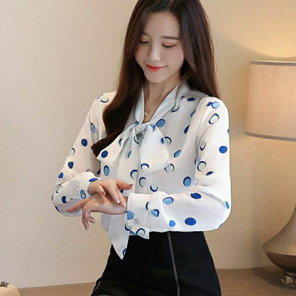 เสื้อแขนยาว ผ้าชีฟอง พิมพ์ลายจุด ประดับโบว์ สไตล์เกาหลี สําหรับผู้หญิง