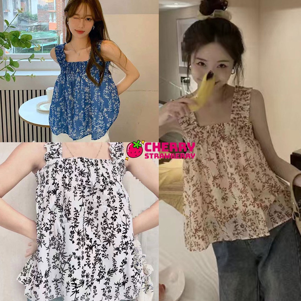 เสื้อครอปสายเดี่ยวแต่งแขนระบาย ทรงปล่อยน่ารักๆ