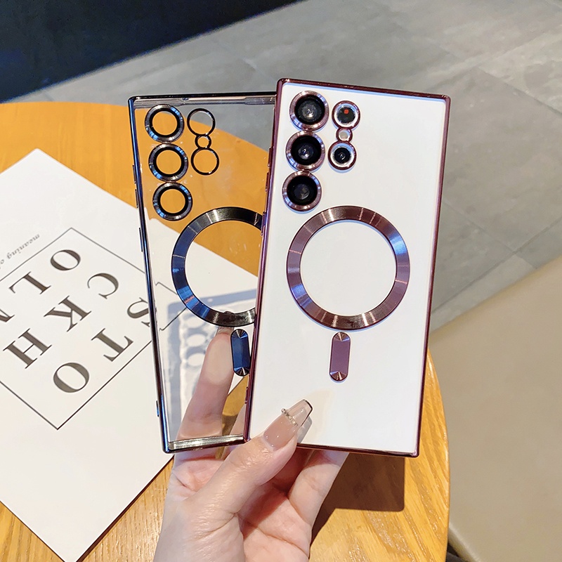 เคส Samsung S21 Ultra S21 FE S21 Plus แม่เหล็ก โปร่งใส ซิลิโคนชุบอ่อน รองรับการชาร์จแบบไร้สาย กันกระ