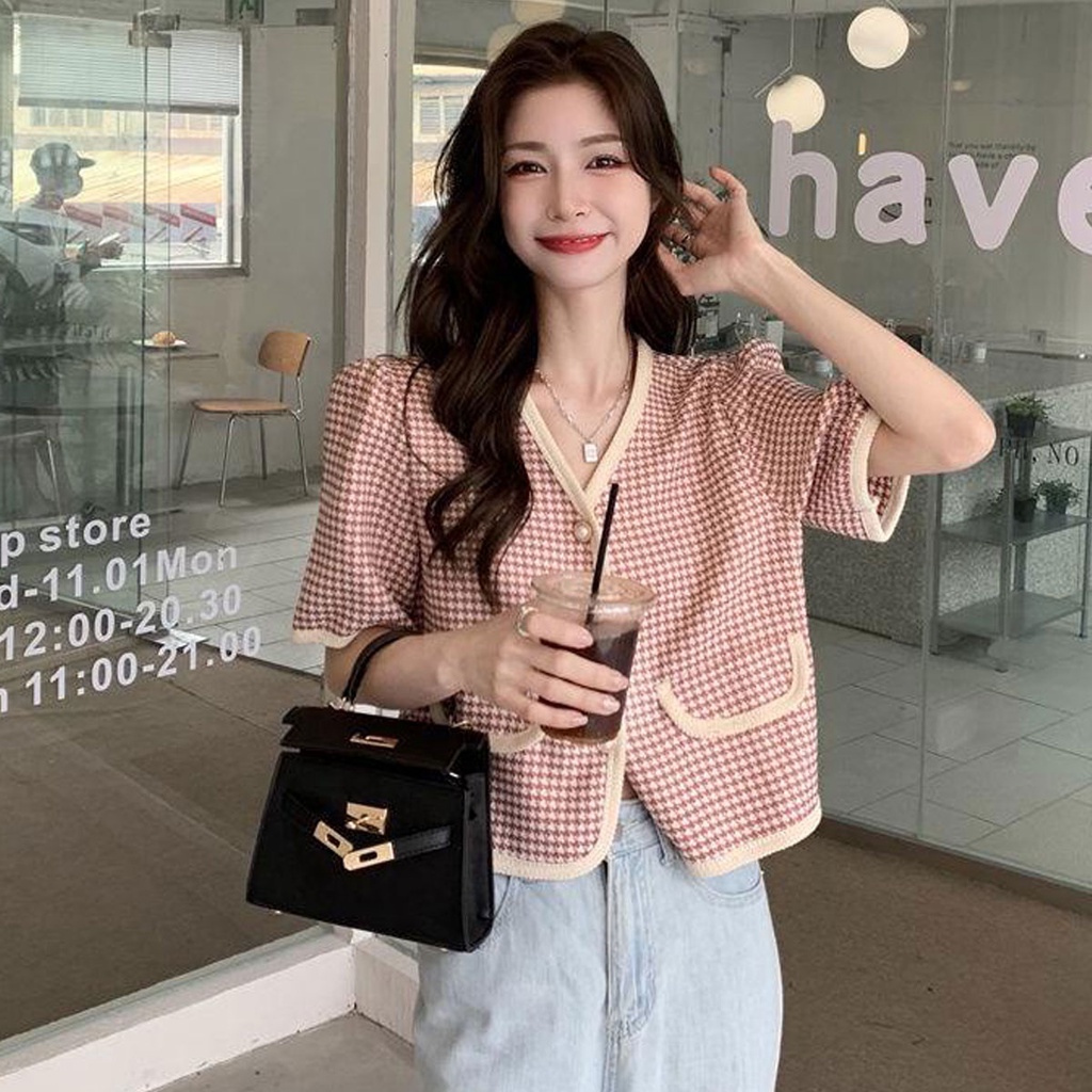 Cuties 1N89 เสื้อคลุมผ้าทอทวีต คอวี แขนสั้น เสื้อแฟชั่นผู้หญิงน่ารักเกาหลี