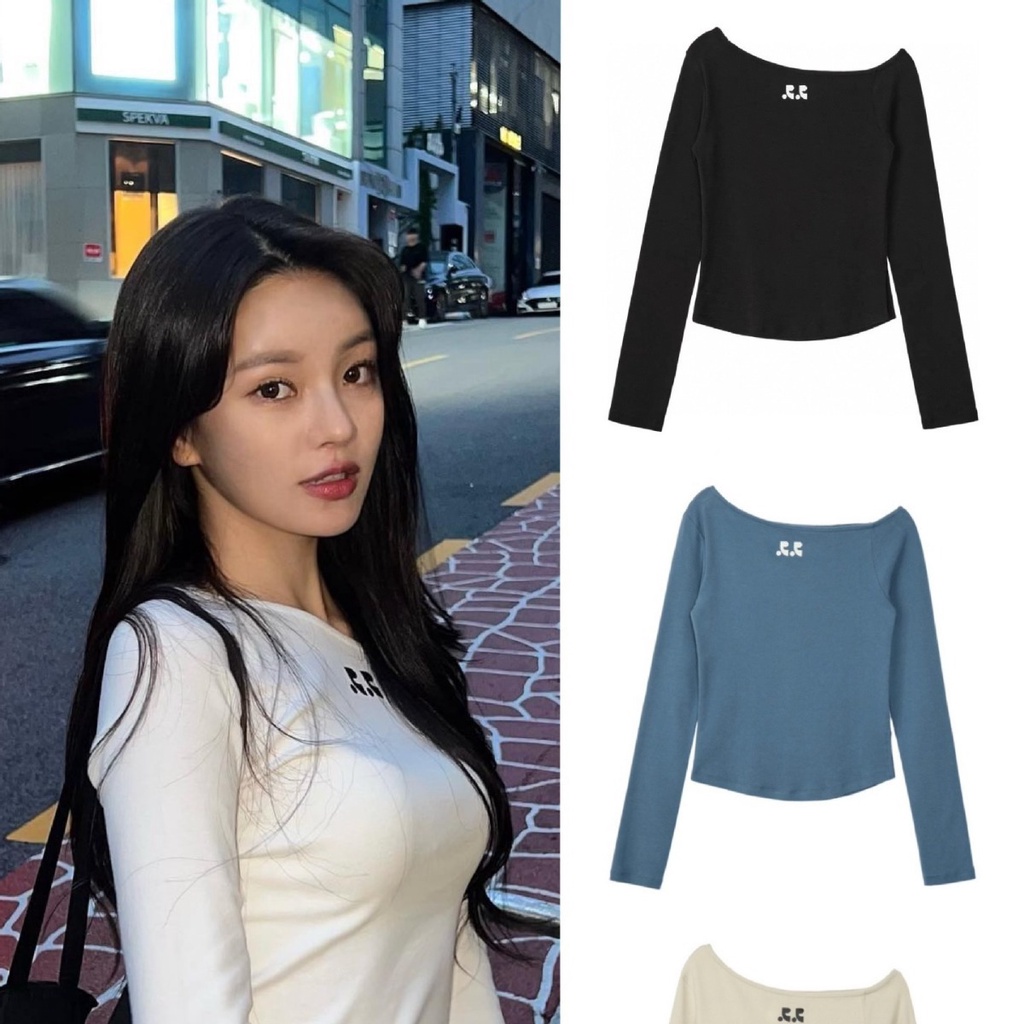 RRRest Recreation ไหล่เอียงและเสื้อยืดแขนยาวนอกไหล่ดีไซน์เกาหลี