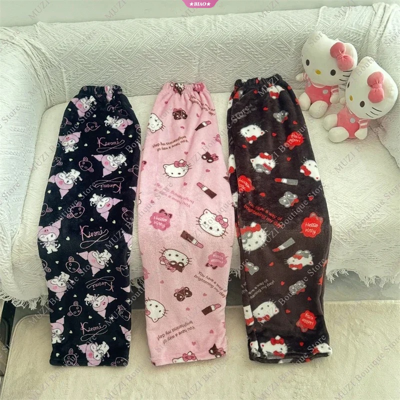 SANRIO ชุดนอนกางเกง ผ้ากํามะหยี่ แบบนิ่ม พิมพ์ลายการ์ตูน Kuromi Hello Kitty เหมาะกับของขวัญ สําหรับเด็กผู้หญิง