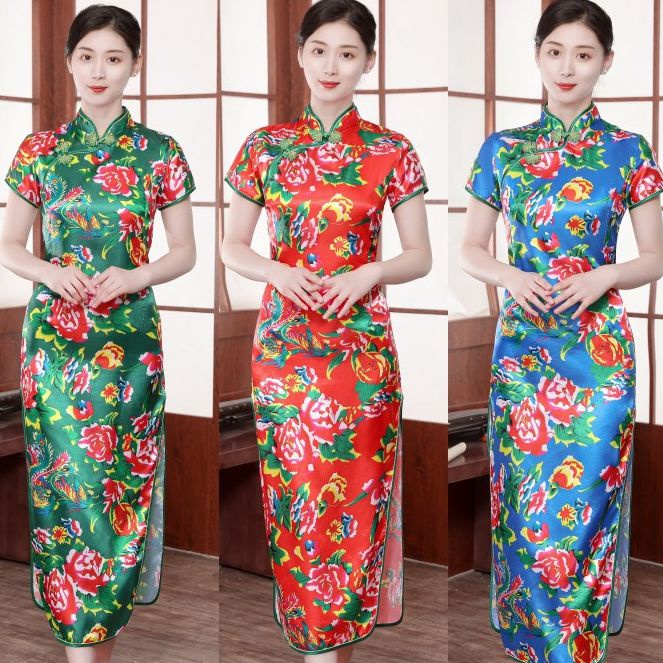 ชุดเดรสกี่เพ้ายาว ทรงหลวม ลายดอกไม้ สไตล์จีนดั้งเดิม ขนาดใหญ่ (S-4XL)