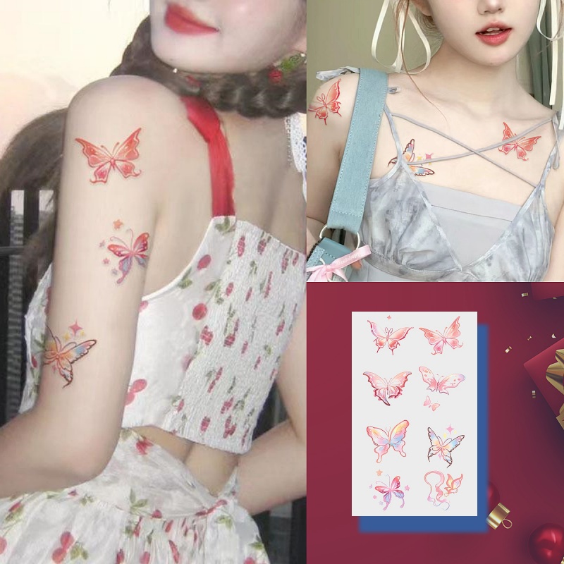 สติกเกอร์รอยสักชั่วคราว ลายผีเสื้อ สีรุ้ง กันน้ํา 7 วัน
