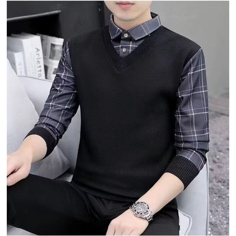 【M-5XL】ปลอมสองชิ้นแขนยาวเสื้อโปโลผู้ชายเทรนด์ธุรกิจบางพอดีปุ่มเสื้อคอปกด้านบนถักด้านล่างเสื้อยืด