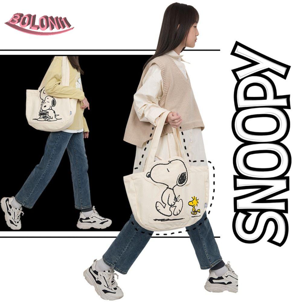 Bo กระเป๋าสะพายไหล่ กระเป๋าถือ กระเป๋าช้อปปิ้ง ผ้าแคนวาส พิมพ์ลายการ์ตูน Snoopy จุของได้เยอะ สําหรับผู้หญิง