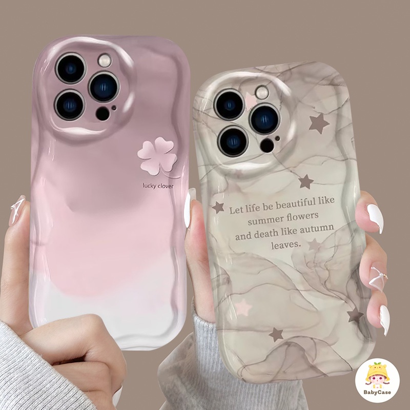 ส่งจากไทย โชคดีสี่ใบหมึกภาพวาดตัวอักษรภาษาอังกฤษกรณีโทรศัพท์ iPhone 11 15 12 14 13 Pro Max 7 8 Plus X XR XS Max SE