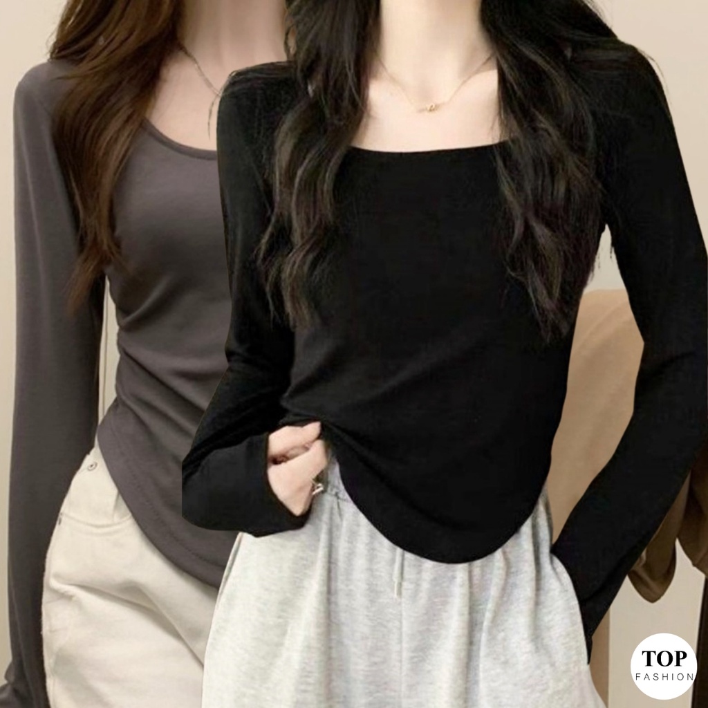 พร้อมส่งไทย ราคาถูก เสื้อยืดแขนยาวทรงคอเหลี่ยมกว้าง 4 สี ปลายโค้งมน