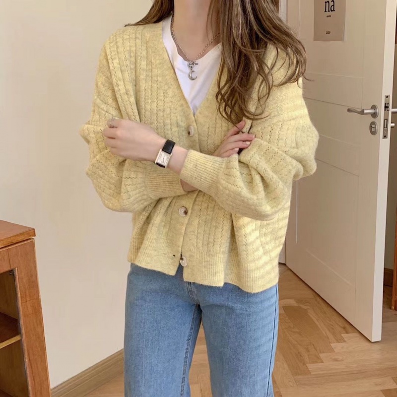 สไตล์เกาหลี วินเทจ สีพื้น เสื้อคาร์ดิแกนแขนยาว ลําลอง  สําหรับผู้หญิง
