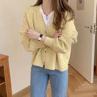 สไตล์เกาหลี วินเทจ สีพื้น เสื้อคาร์ดิแกนแขนยาว ลําลอง สําหรับผู้หญิง