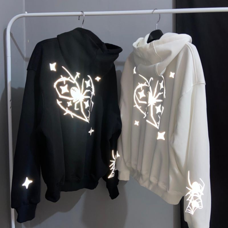 HOODIE BOXY FLEECE COTTON REFLECTIVE SPIDER สีดํา DISTRO
