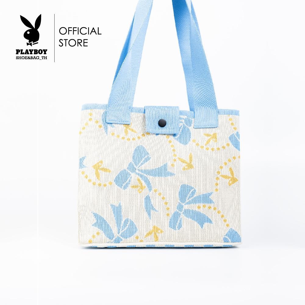 PLAYBOY รุ่น Bow Bliss กระเป๋าผ้าผู้หญิงรหัส ST-BS251PB128 ดีไซน์กระเป๋าผ้าไหมพรม แต่งลายโบว์ ทรงTote Bag มี 2 สี