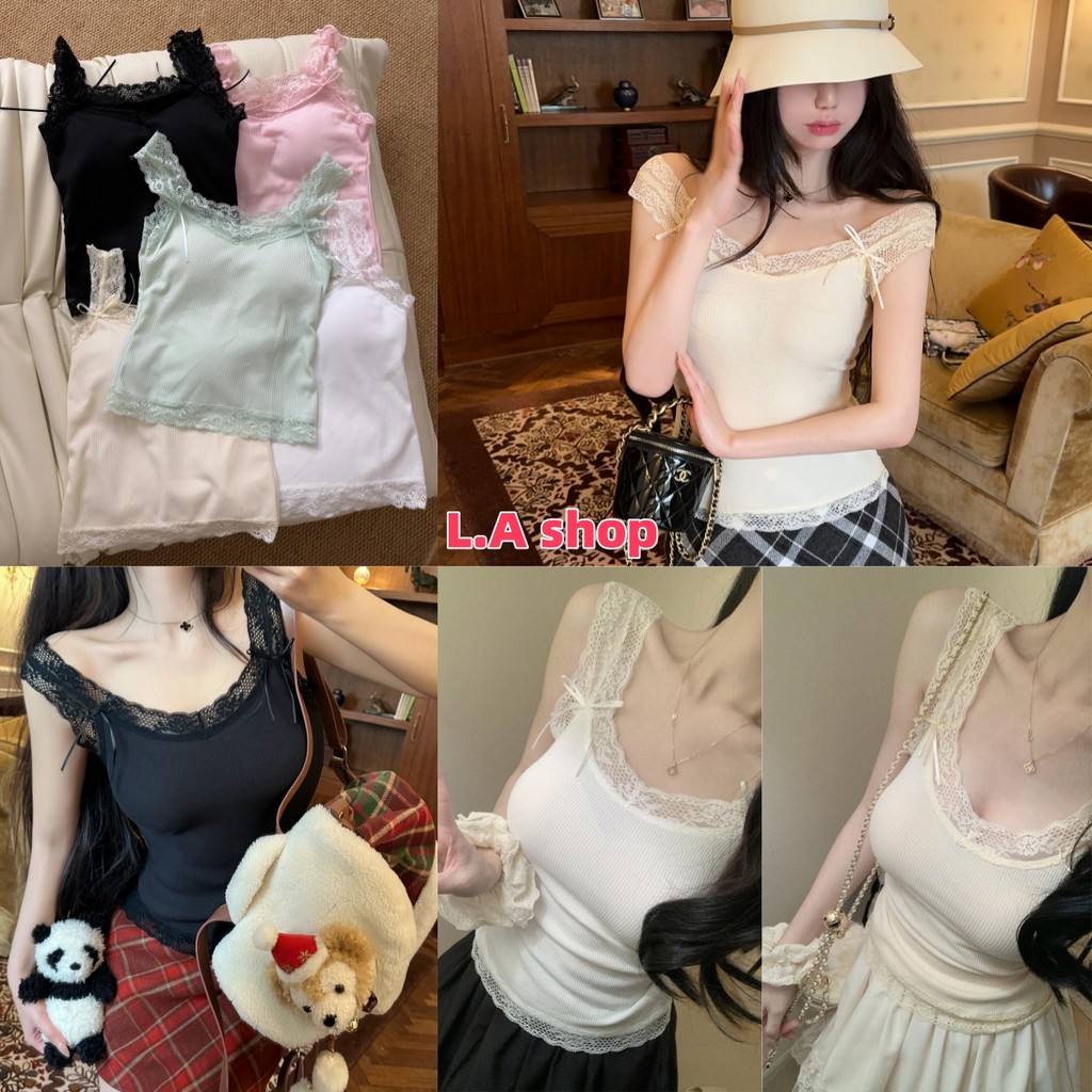 L.A Shop★สไตล์ใหม่★เสื้อกล้ามลูกไม้ แต่งโบว์ น่ารักมาก มีฟองน้ำสีพาสเทลยืดกำลังดี "FY1819"