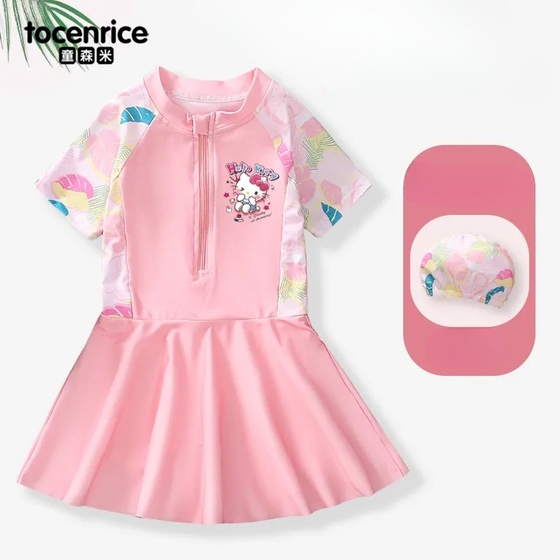 ชุดว่ายน้ำเด็กผู้หญิง Hello Kitty แบบชิ้นเดียว แขนสั้น การ์ตูน ยืดหยุ่นสูง ป้องกันการเปิดเผย เย็นสบาย ระบายอากาศได้ สบาย ผิวเป็นมิตร แห้งเร็ว สีชมพูน่ารัก