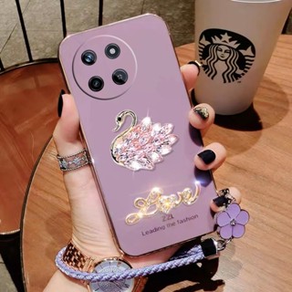 เคสโทรศัพท์มือถือ TPU นิ่ม ปิดด้านหลัง แบบป้องกัน ลายหงส์ กระต่าย ประดับเพชร พร้อมสายเชือกถัก สําหรับ Realme11 NFC RealmeC51 Realme 11 Pro+ NFC C51 4G 5G