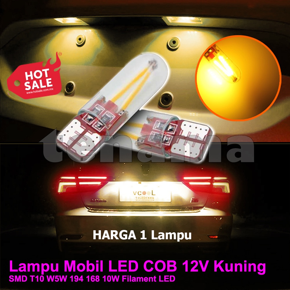 12V COB LED รถสีเหลือง SMD T10 W5W 194 168 10W Filament LED