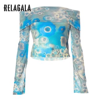 Relagala ใหม่ เสื้อยืดลําลอง แขนยาว เปิดไหล่ พิมพ์ลายดอกไม้ เรียบง่าย แฟชั่นสําหรับสตรี 2023