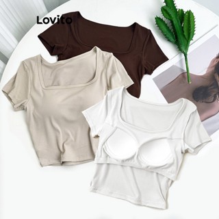 Lovito เสื้อยืดลําลอง เรียบง่าย สําหรับผู้หญิง LNE24089 (สีกากี/กาแฟ/ขาว)