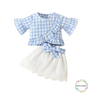 Babyclothes- ชุดเสื้อแขนสั้น ลายสก๊อต และกระโปรงผูกปม แฟชั่นฤดูร้อน สําหรับเด็กผู้หญิง 2 ชิ้น