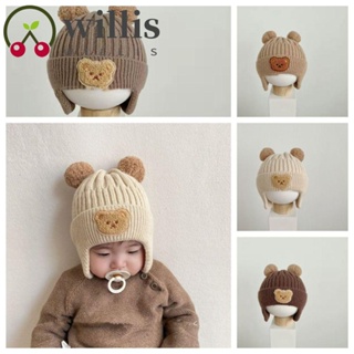 Willis หมวกบีนนี่ ผ้าขนสัตว์ถักโครเชต์ ป้องกันหู ลายการ์ตูนหมี สีพื้น ฤดูหนาว สําหรับเด็กทารกแรกเกิด