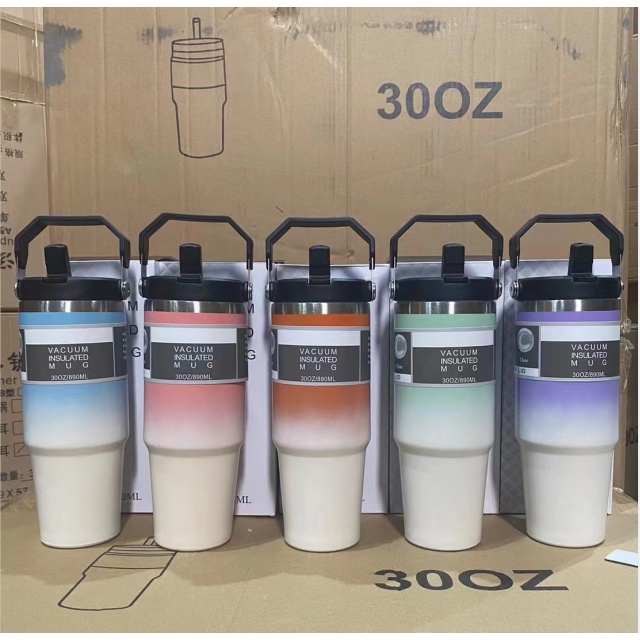 แก้วเก็บอุณหภูมิ 30OZแก้วเก็บความเย็น สีพาสเทลไล่ระดับ สแตนเลสแท้304/890mlกระติกน้ําร้อน พร้อมหูหิ้ว แก้วกาแฟ พร้อมหลอด