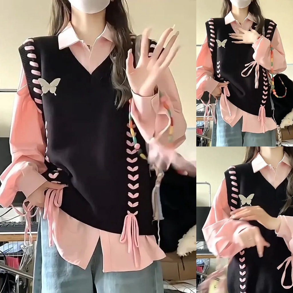 ชุดเสื้อแขนกุด ผ้าถักน่ารัก และเสื้อเชิ้ต สองชิ้น สําหรับผู้หญิง