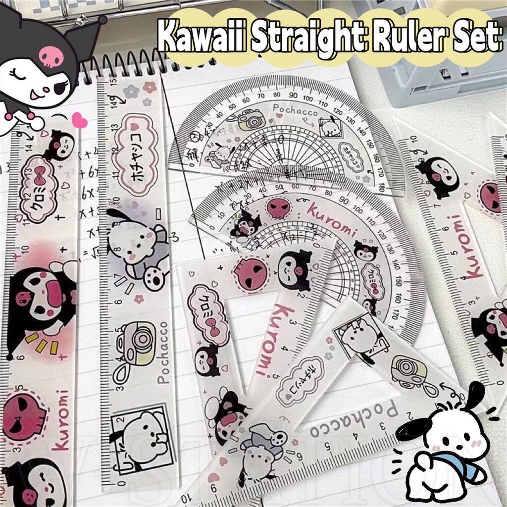 SANRIO ไม้โปรแทรกเตอร์ ไม้บรรทัด ทรงสามเหลี่ยม ลาย Kuromi Pochacco น่ารัก ขอบตรง อุปกรณ์เครื่องเขียน สําหรับนักเรียน จํานวน 4 ชิ้น ต่อชุด