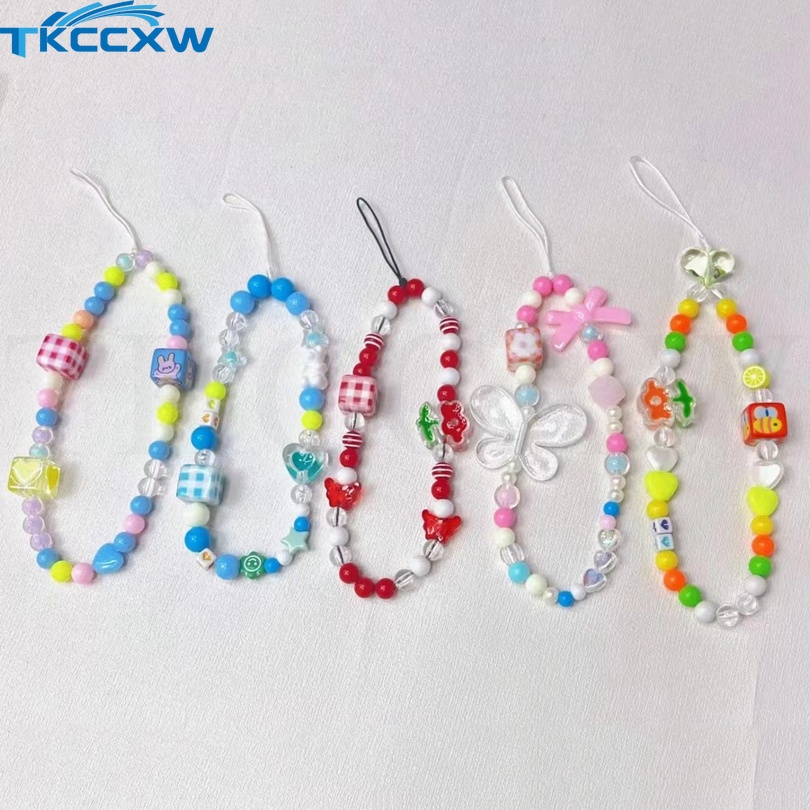 สายเชือกคล้องโทรศัพท์มือถือ ประดับลูกปัดอะคริลิค ลายดอกไม้ ผีเสื้อ กระต่าย ป้องกันการสูญหาย