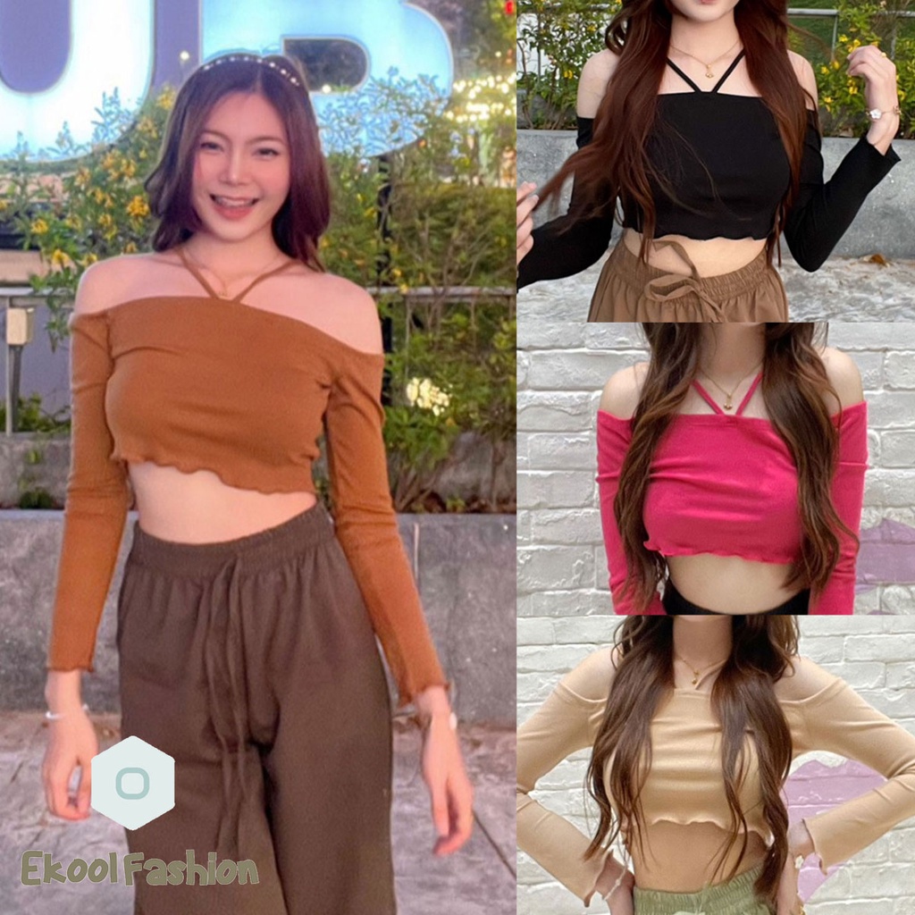 เสื้อเปิดไหล่ สีเรียบๆ สำหรับผู้หญิง ครอปแขนยาว