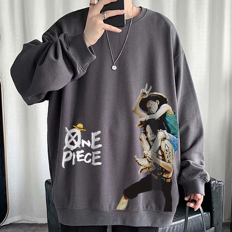 เสื้อกันหนาวแขนยาว คอกลม ทรงหลวม พิมพ์ลายการ์ตูน One Piece Luffy and Ace โอเวอร์ไซซ์ สีพื้น แฟชั่นคู่รัก ไซซ์ M-8XL