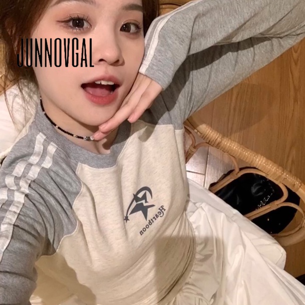 Junnovgal ใหม่ เสื้อยืดลําลอง แขนยาว ลายทาง สีตัดกัน ทรงสลิมฟิต สําหรับสตรี 2023