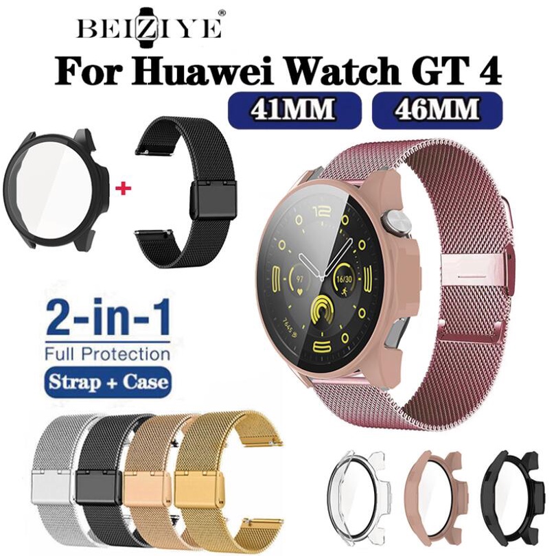 2in1 สายนาฬิกาข้อมือสมาร์ทวอทช์ สเตนเลส โลหะ PC และกระจกนิรภัย กันรอยหน้าจอ สําหรับ Huawei Watch GT 4 GT 4 41 มม. 46 มม.