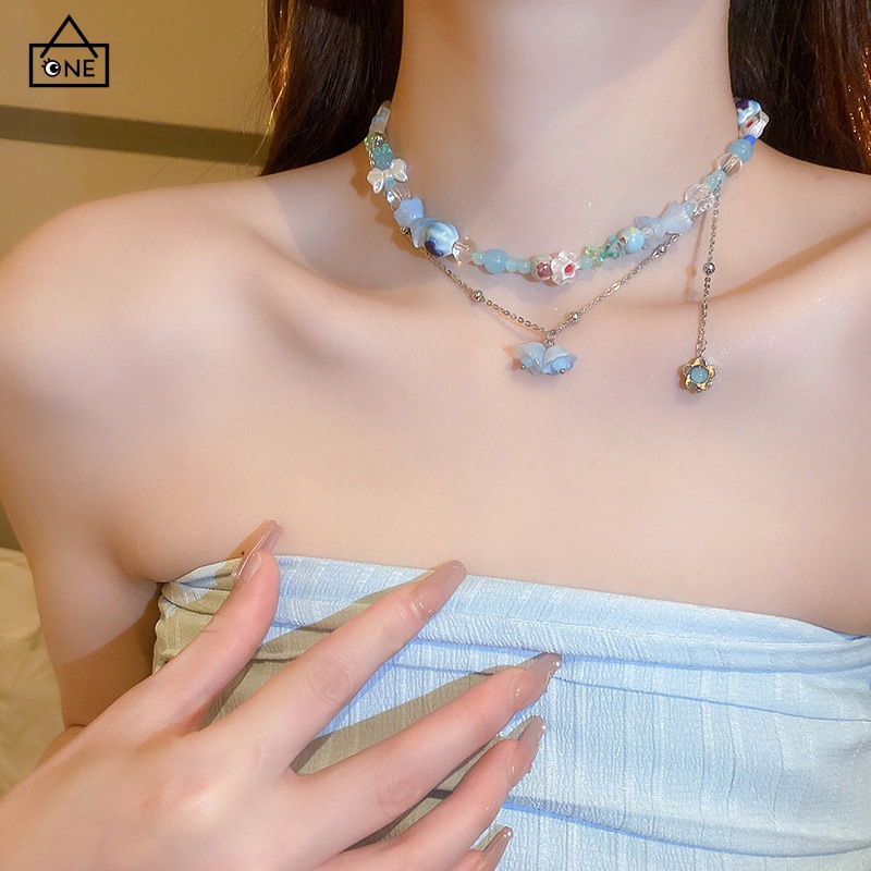 COD❤️สร้อยคอจี้ดอกไม้สีน้ำเงินลูกปัดเกาหลีโซ่ไหปลาร้าสองชั้นระดับไฮเอนด์หรูหราแฟชั่นเครื่องประดับสำหรับผู้หญิง-a.one
