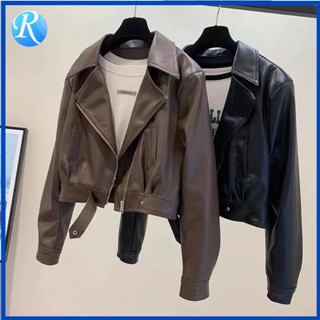 เสื้อแจ็กเก็ตหนัง PU ตัวสั้น แต่งซิป ทรงหลวม แฟชั่นฤดูใบไม้ร…