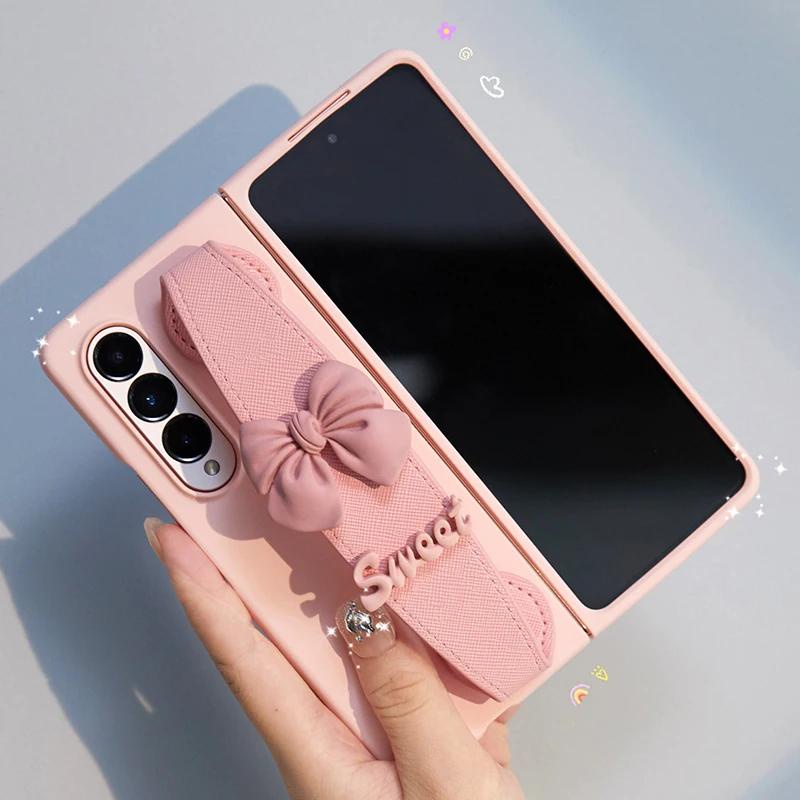 สําหรับ Samsung Galaxy Z พับ 6 5 4 3 2 5G โทรศัพท์มือถือสีชมพู Matte Skin Case แฟชั่นน่ารักโบว์สายรัดข้อมือขาตั้งผู้ถือ