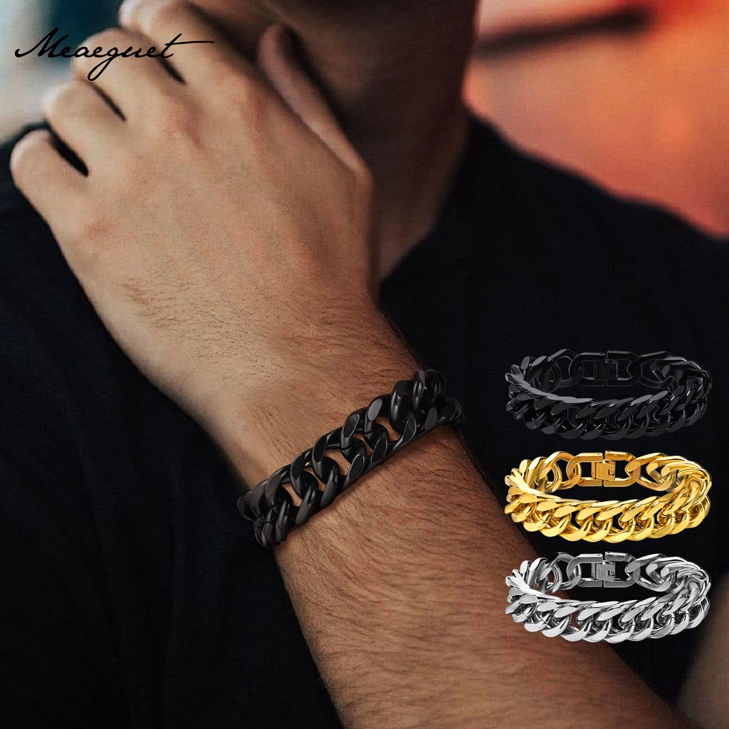 Meaeguet Cuban สร้อยข้อมือโซ่ สเตนเลส สไตล์ฮิปฮอป สําหรับผู้ชาย 15 มม.
