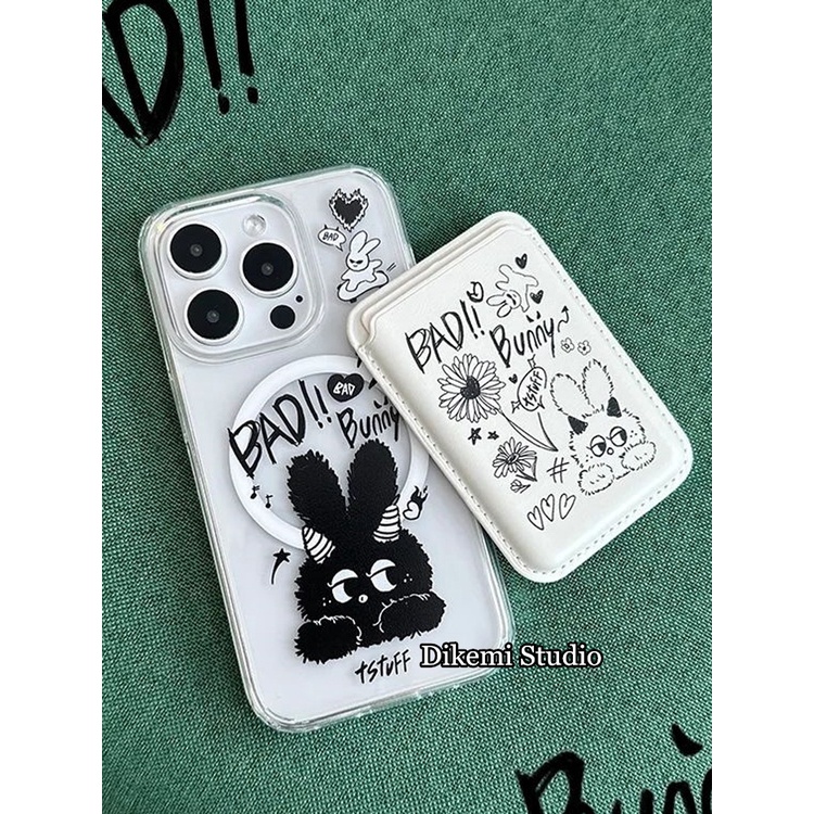 เกาหลี ins niche หวานเย็น Black Rabbit เคสโทรศัพท์แม่เหล็กผู้ถือบัตรหนังสําหรับ iphone16/15pro/14promax/13/12/11 เคสโทรศัพท์มือถือ