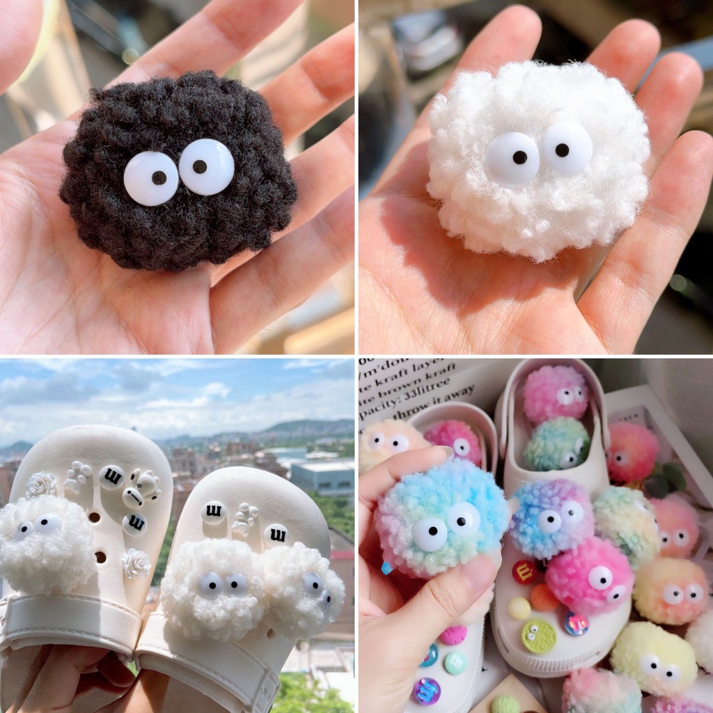 croc Ins ลูกบอลขนเฟอร์ ริบบิ้น ลูกบอลถ่านหิน หมวก เอลฟ์ ไล่โทนสี DIY อุปกรณ์เสริมรองเท้าชายหาด