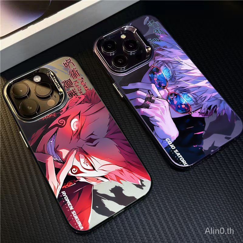 เคสป้องกันโทรศัพท์มือถือ ชุบไฟฟ้า กันกระแทก ขนาดใหญ่ ลายการ์ตูนอนิเมะ Gojo Go Knotweed แนวนอน สีแดง สําหรับ iPhone 11 12 13 14 15 Pro max plus