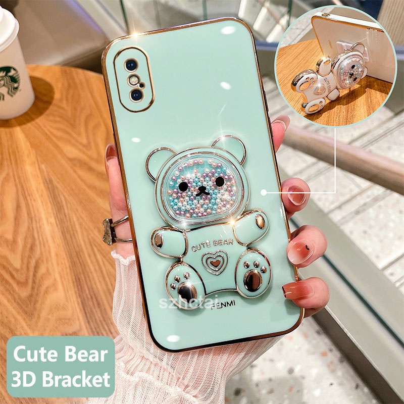 เคสโทรศัพท์ iphone x xs xr xs max เคสโทรศัพท์มือถือชุบนิ่ม ทรงสี่เหลี่ยม ลายหมีน่ารัก 3D พร้อมที่ตั้งวาง สําหรับ iphone x xs xr xs max