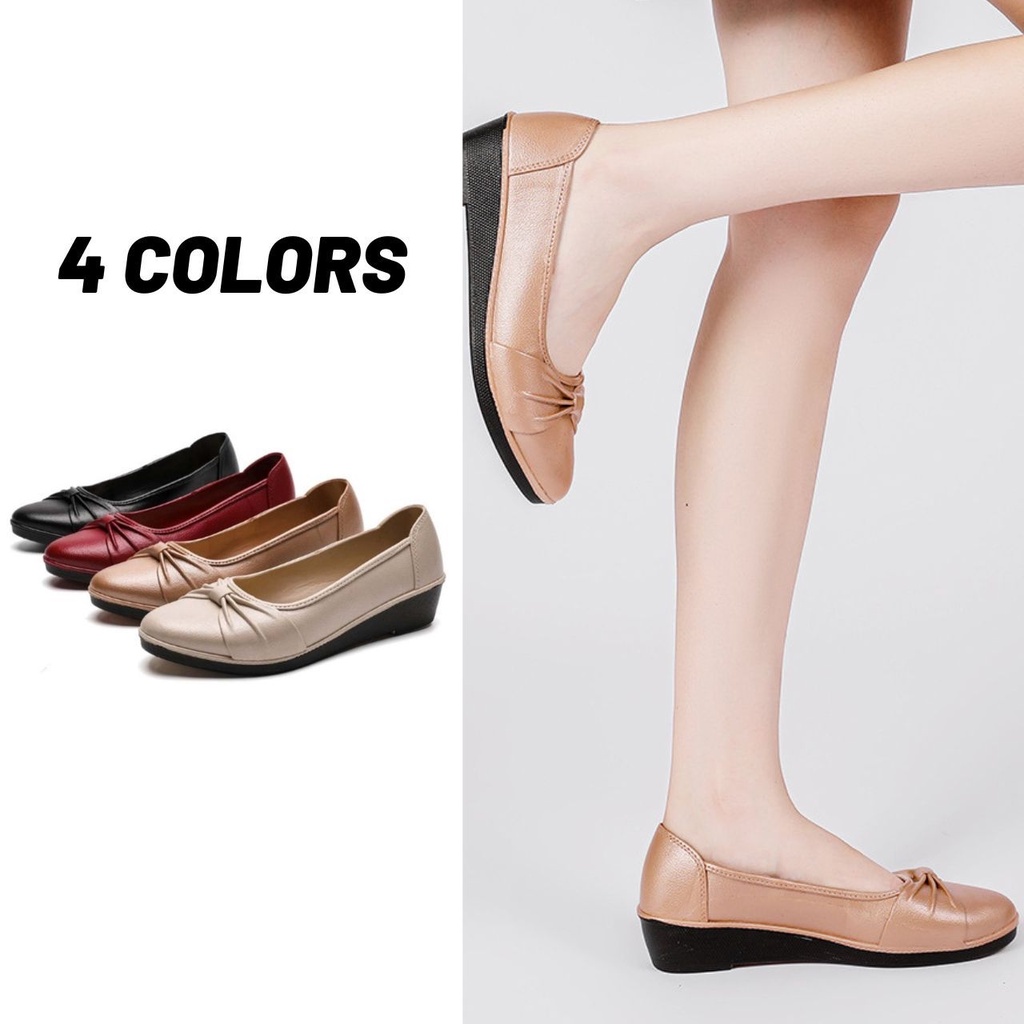 Sale80% รองเท้าคัชชูหนังนิ่มหัวแหลม ส้นตึก แต่งผูกโบว์ สีพื้น 4 สี (52)
