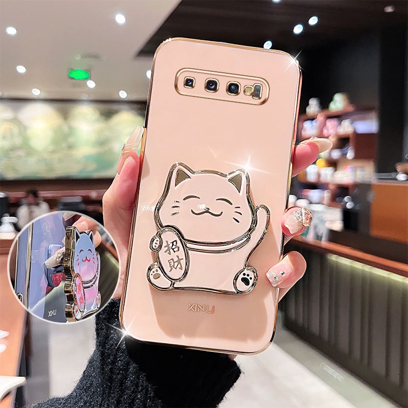 เคสโทรศัพท ์ กันกระแทกสําหรับ Samsung Galaxy S10 S9 S8 Plus S10 Lite 2020 A91 น ่ ารัก 3D Wealth Cat Stand Bracket ป ้ องกันกรณี