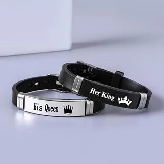 เครื่องประดับ สร้อยข้อมือสแตนเลส จี้มงกุฎ และตัวอักษร Her King His Queen แฟชั่นคู่รัก สําหรับผู้ชาย