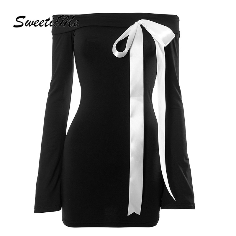 SweeticMe ชุดสตรีแฟชั่นใหม่สีตัดกันปิดไหล่แขนยาวชุดกุทัณฑ์