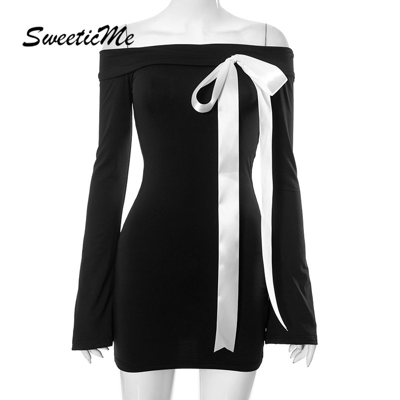 SweeticMe ชุดสตรีแฟชั่นใหม่สีตัดกันปิดไหล่แขนยาวชุดกุทัณฑ์ — صورة 7